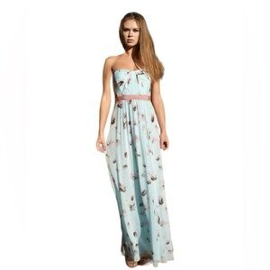 BCBGMAXAZRIA Amber Pearl Blue Floral Strapless Silk Maxi Dress Women’s US 4